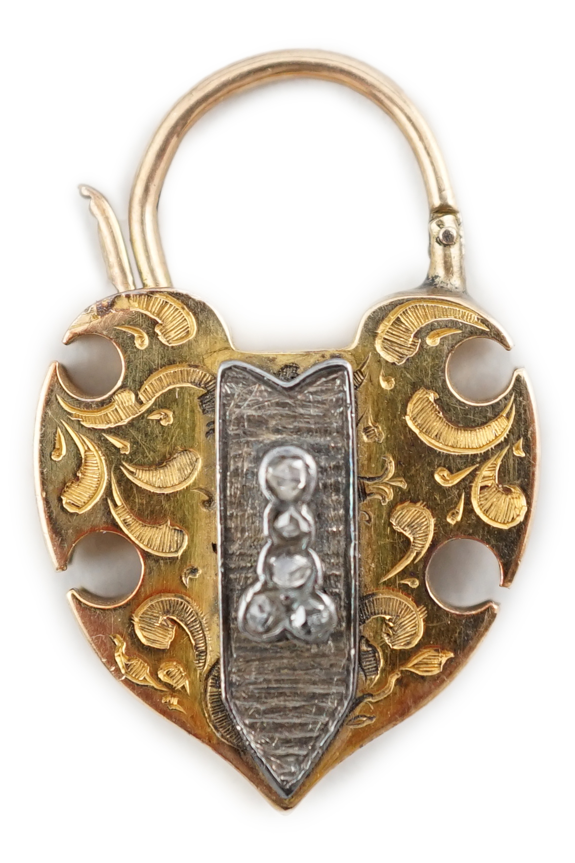 A Victorian engraved gold, carnelian and five stone rose cut diamond set padlock pendant